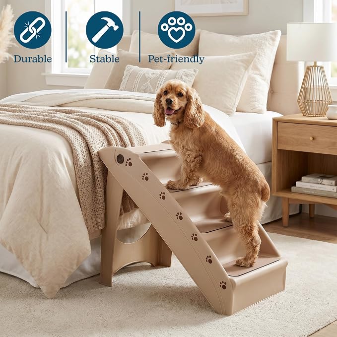 Pet Stairs - Home and Vehicle Foldable Nonslip Dog Steps with 4-Step Design - For Puppies, Kittens, and Other Small Pets by PETMAKER (Tan)