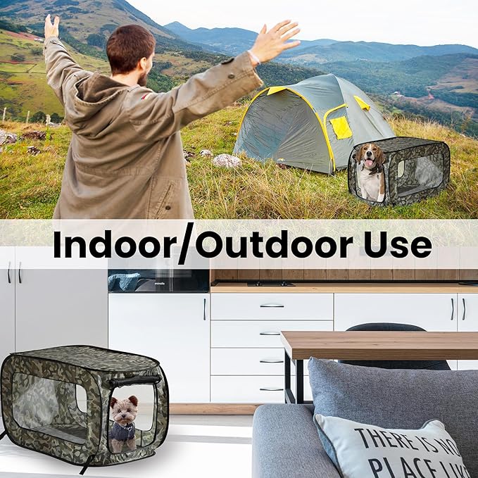 Portable Collapsible Pop Up Kennel, 24" L x 16.6" W x 16" H, Camo Green | Collapsible indoor/outdoor travel cat and dog crate with mesh screen windows pops up and folds flat for easy storage