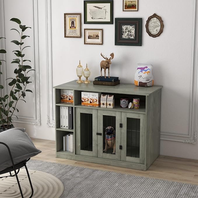 Dog Crate Furniture, 47" Indoor Dog Kennel and Pet Cage with Storage for Large and Medium Dogs, Furniture-Style Enclosure for Living Room or Bedroom, Gray