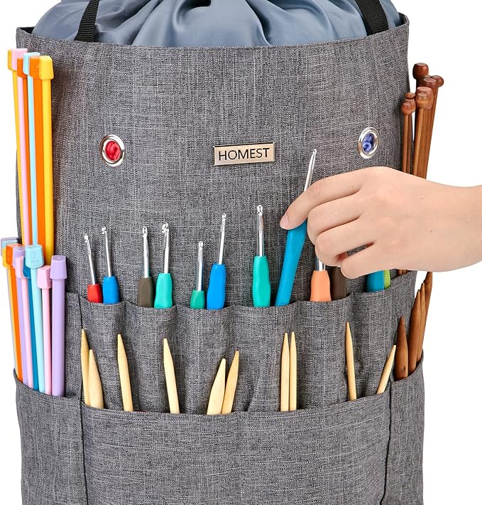 HOMEST Crochet Bag Organizer for Yarn Storage, and Knitting Accessories | Customized front compartment, 6 oversized grommets and drawstring closure for hooks, needles and projects, Grey