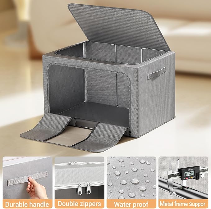 Clothes Storage Bins with Metal Frame, Foldable Clothes Organizers Storage Containers for Clothes, Sheets, Blankets, Pillows and Towels (24L, 3 Pack, Deep Grey)