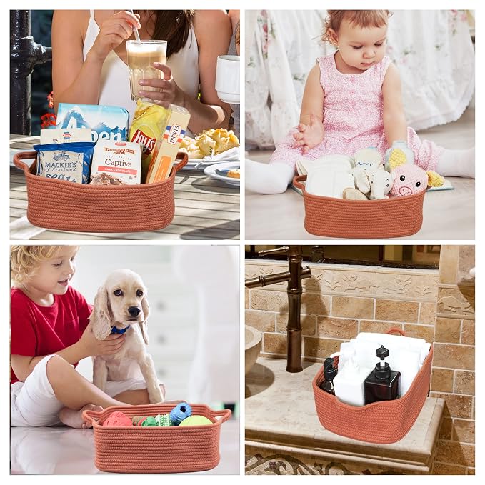 XUANGUO Medium Woven Cotton Rope Storage Basket with Handles, Rust | Small decorative rectangle storage bin for baby nursery items and cat toys; ideal as an empty gift basket or dog toy basket