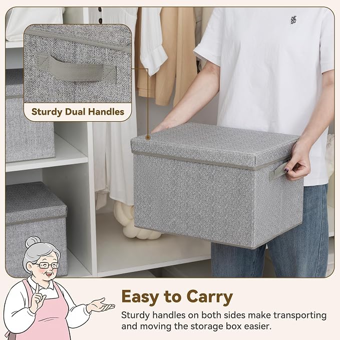 GRANNY SAYS Fabric Boxes with Lids, Storage Bins with Handles, Shelf Bins for Organizing, Extra Large Storage Boxes for Linens Clothes, Decorative Storage Containers, Gray, 3-Pack | Storage Box with Dust Cover, Handles & Lable, Collapsible, Ideal for C...