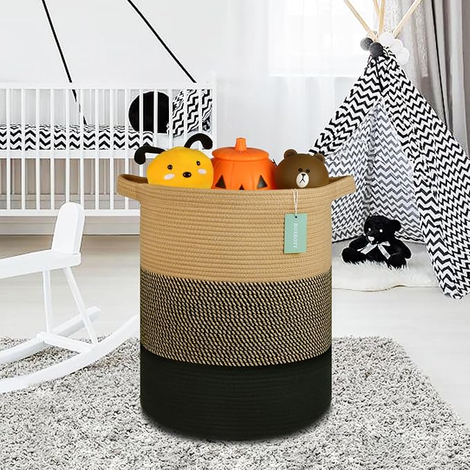 Cotton Rope Blanket Basket, 72L Tall Laundry Hamper, Brown & Black