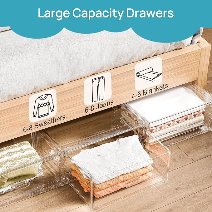 Vtopmart 4 Pack Large Clear Stackable Storage Drawers 23QT | Easily Assemble Plastic Closet Storage Bins, Dust-Proof UnderBed Organizer for Clothing, Sweater Organization
