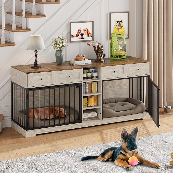Dog Crate Furniture for 2 Dogs, Double Dog Crate TV Stand, Washed White | 82" Large Dog Kennel Indoor with 4 Storage Drawers and 4 Shelves, Suitable for Small, Medium and Large Dogs