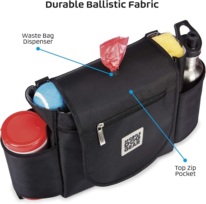 Mobile Dog Gear, Car Seat Back Organizer Travel Bag, Includes Built-in Waste Bag Dispenser and 1 Bag Roll, Black, Meets Airline Requirements