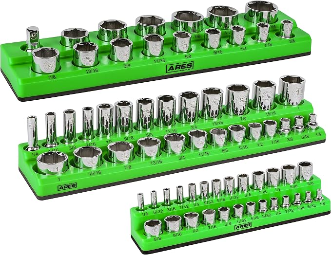 ARES 60037 3-Pc 1/4,3/8,1/2-In Red/Green SAE Magnetic Socket Organizer | Part No. 60037; Includes 1/4 in, 3/8 in, 1/2 in Socket Holders