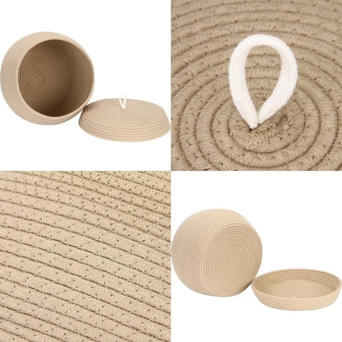 Sea Team Round Woven Cotton Rope Storage Basket with Lid, Khaki | Lidded Knitted Decorative Storage Bin, Pot, Caddy, Organizer, Container for Snacks, Towels, Plants, 13 x 9 Inches
