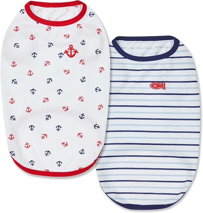 Blueberry Pet Soft & Comfy Summer Vacation Beach Cotton Dog T-Shirts, 2 Pack, Sea Lover Navy Sailor Shirts Tank Top Clothes, Back Length 12", for Small Medium Dogs