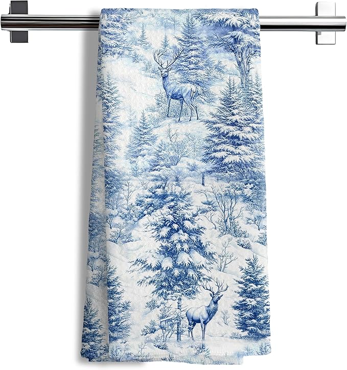 Christmas Blue Winter Forest Reindeer Decor Kitchen Dish Tea Towels,Blue and White Farmhouse Reindeer Deer Animal Decor Decorative Hand Towel for Bath Room Washroom Restroom, 16x24 Inch
