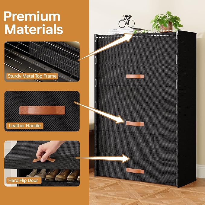 6-Tier Shoe Storage Cabinet with Fabric Cover, Hard Flip Doors, Holds 18–24 Pairs, Enclosed Dustproof Shoe Rack Organizer for Entryway, Closet & Bedroom, Shoe Shelf, Black, 27.8" x 12.0" x 41.9"