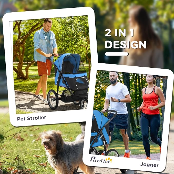 PawHut 3 Wheels Pet Stroller Foldable Jogger for Medium Dogs Blue | Adjustable Canopy, Safety Tether, Cushion, Storage Basket, Portable for Meidum Dogs and Cats
