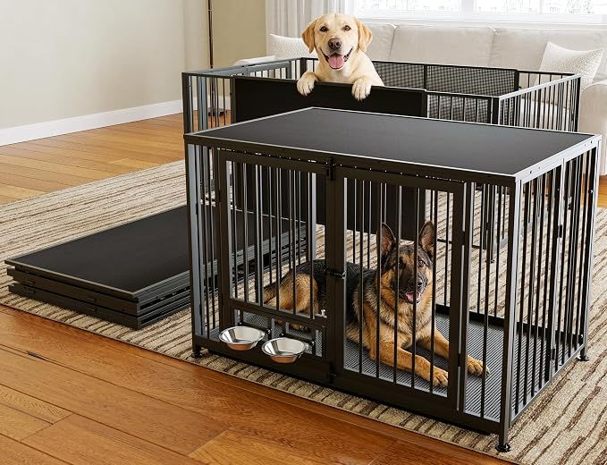 43.3" Heavy Duty Large Dog Crate with Wheels & Feeding Bowls, 3 in 1 Foldable Extra Large Dog Kennel & Playpen, Indestructible Escape-Proof Metal Dog Cage for Large Dogs, Indoor Outdoor, Black