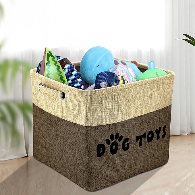 PET ARTIST Dog Toy Basket, Large Collapsible, Brown, L:15"x13"x12" | Dog Toy Bin Box, Comfortable Handles, Large Pet Toy Storage Organizer, For Accessories, Toys, Coat & Clothing, Blanket Leash