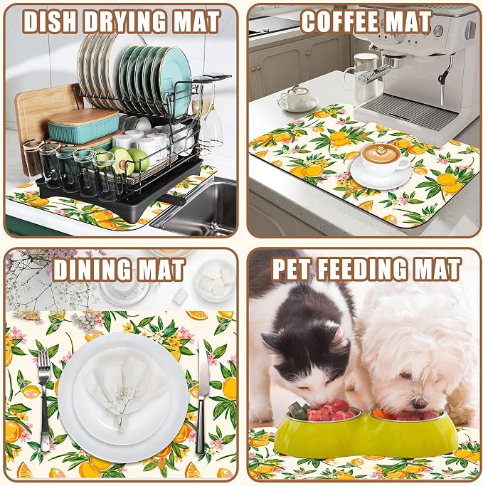 Dish Drying Mat Orange Fruit Floral Coffee Bar Mat for Countertop Absorbent Hide Stain Rubber Backed Dish Drainer Rack Pad Espresso Machine Dining Room Decoration 11.8 x 19.7 Inch