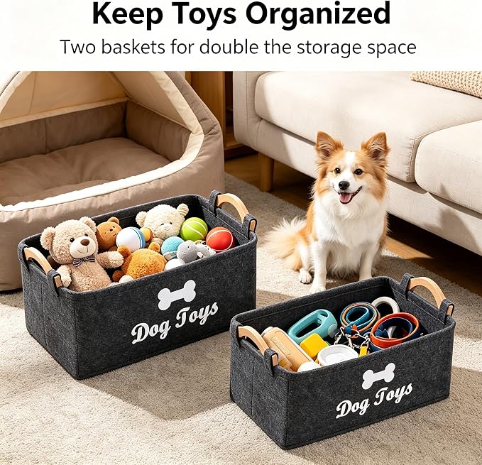 Dog Toy Storage Basket, Felt Pet Toy Organizer with Wooden Handles, Collapsible Pet Supplies Storage Bin for Dog Cat Toys, Treats, Accessories, Home Office Closet Organizer (DarkGray-2)