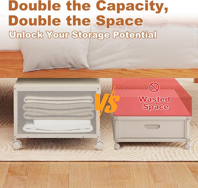 Fokyfok 2Pack Under Bed Storage Containers,12 inch Height,31 inch Long | Under Bed Shoe Storage,Underbed Storage with Wheels,Large Rolling under bed Clothes Storage Drawers,Lid,Dorm Tall,Ivory