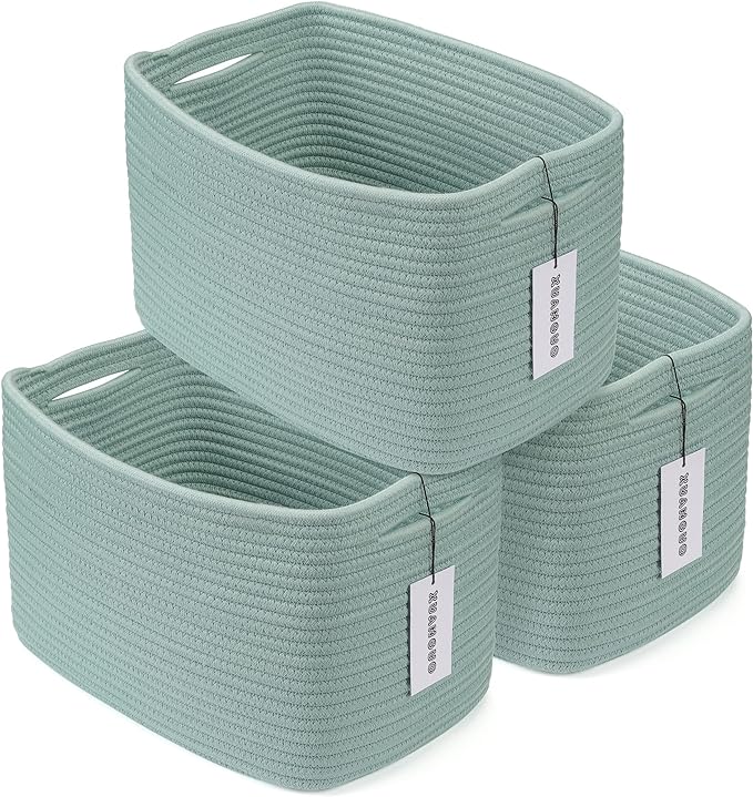 XUANGUO Woven Cotton Rope Storage Baskets 15x10x9.3" 3 Pack Green | Decorative rectangular storage baskets for shelves and closets; storage bins organize clothes, toys, books and nursery items.