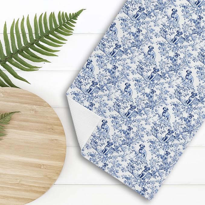 Chinoiserie Boxer Dog Decor Kitchen Towels, Blue and White Botanical Grandmillennial Boxer Dog Gifts Decorative for Kitchen Bathroom Decor, 16x24 Inch