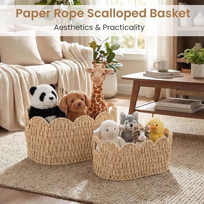 iEGrow Paper Rope Scalloped Basket, Set of 2 Woven Storage Wicker Baskets with Handle for Organizing and Shelves, Cute Boho Oval Baby Baskets for Decor, Towel, Toys, Nursery, Book, Gift Natural