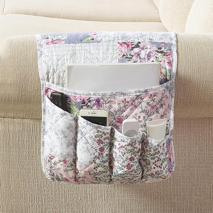 Brilliant Sunshine Blue & Pink Rose Toile Couch Armrest Cover, 35"×13" | Washable Magazine Holder, Armrest Organizer & Caddy on Sofa, Recliner, Armchair, Storage for Remote Controls, Phone, iPad