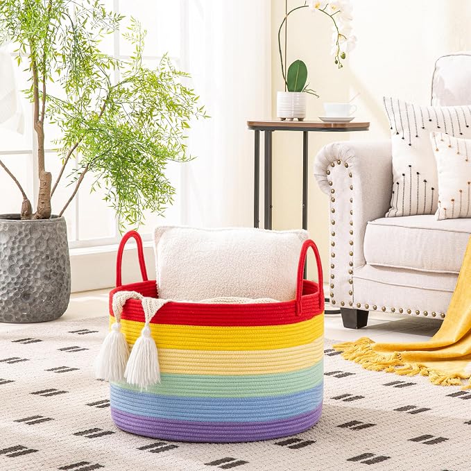 KAKAMAY Large Blanket Basket with Handles, Storage Basket for Living Room | Extra Large Capacity | Natural Cotton Rope | Blanket Storage | Woven Storage Basket | Stuffed Animal Storage | Laundry Basket