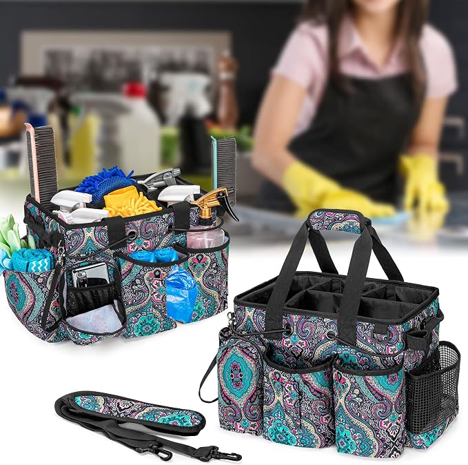 LoDrid Large Professional Cleaning Caddy with Detachable Divider, Totem | Cleaning Supply Organizer with Handle and Shoulder Strap for Housekeepers & Cleaners