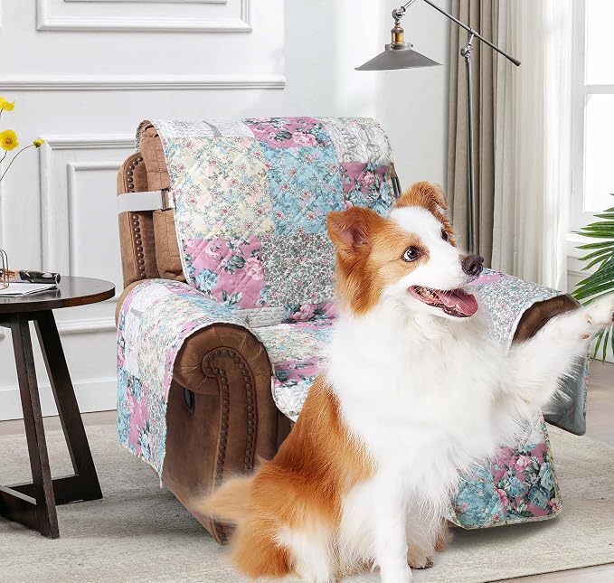 Brilliant Sunshine Lilac Rose & Egg Blue Toile Recliner Cover, 26" seat | Quilted Sofa Cover, Living Room & Bedroom Furniture Protector, Washable Reclining Chair Slipcover for Pets, Dogs & Cats