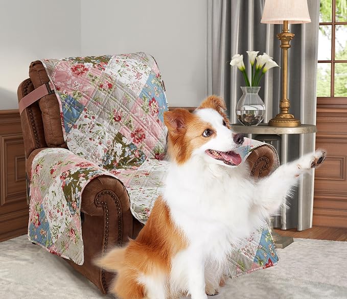 Brilliant Sunshine Peach & Olive Flowers Couch Recliner Cover, 26" seat | Quilted Sofa Cover, Living Room & Bedroom Furniture Protector, Washable Reclining Chair Slipcover for Pets, Dogs & Cats