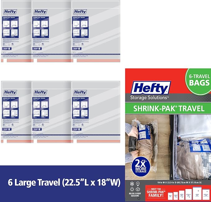 Hefty Shrink-Pak Large Travel Bags - Airtight Storage Bags for Maximum Space Saving, Travel Essentials, Ideal for Packing, Durable, Reliable Compression with Sealed Protection (Pack of 2)