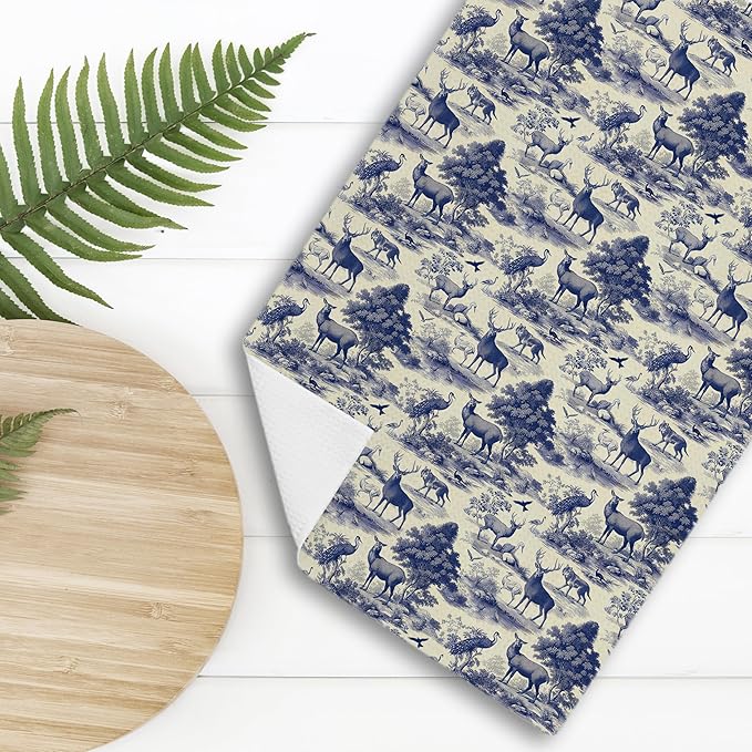 Blue Chinoiserie Forest Animal Deer and Bird Print Decor Hand Towels,Blue and White Farmhouse Animal Decorative Hand Towel for Bath Room Washroom Restroom, 16x24 Inch