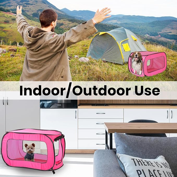 Portable Collapsible Pop Up Kennel, 32.5" L x 19.5" W x 19.5" H, Fuchsia | Collapsible indoor/outdoor travel cat and dog crate with mesh screen windows pops up and folds flat for easy storage