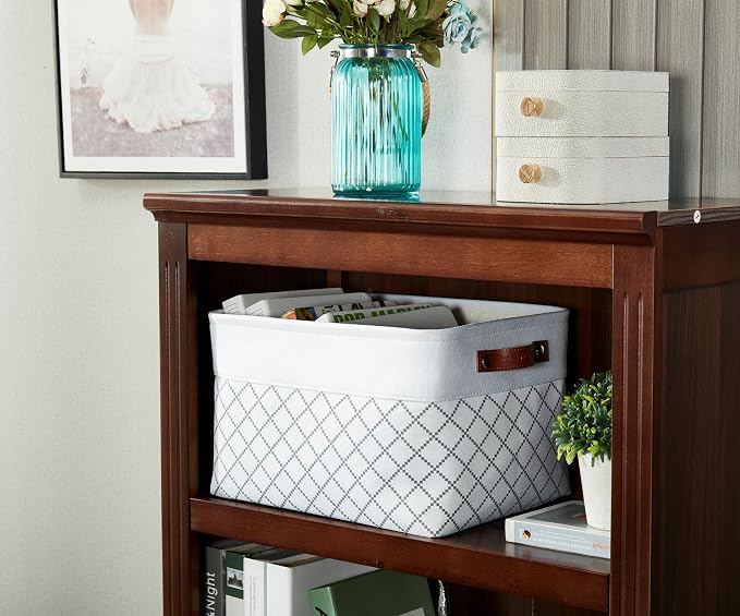 DECOMOMO Storage Bins, Large Fabric Storage Baskets for Shelves 3 Pack | 15 x 11 x 9.5 inches Decorative Linen Closet Organizers with Handles (Checkered White)