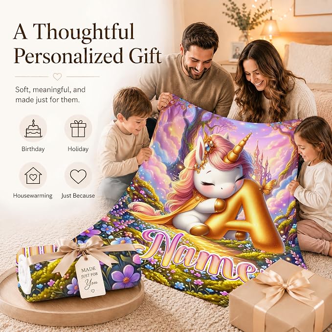 Unicorn Blanket for Girls with Custom Initial Name, Personalized Kids Throw | Lightweight Flannel Throw, Living Room Couch Decor, Gift for Unicorn Lover