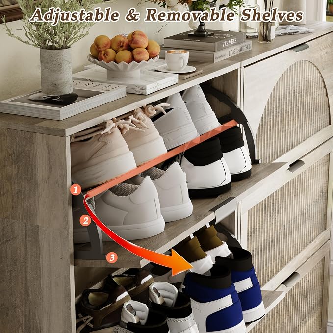Shoe Storage Cabinet with 3 Flip Drawers, Narrow Wood Shoe Organizer Cabinet with Fluted Panel, Slim Shoe Rack for Entryway, Freestanding Shoe Cabinet for Living Room, Hallway, Grey