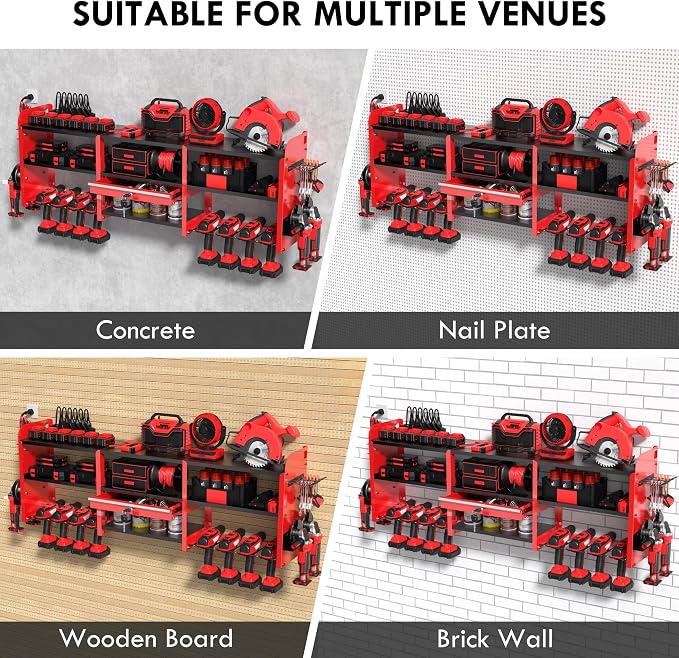 KSVO Large Power Tool Organizer Wall Mount with Locking Drawers, Red | Grinder Holder, Hammer & Pliers Rack, 6-Outlet Charging Shelf, Heavy-Duty Metal Storage for Garage & Workshop