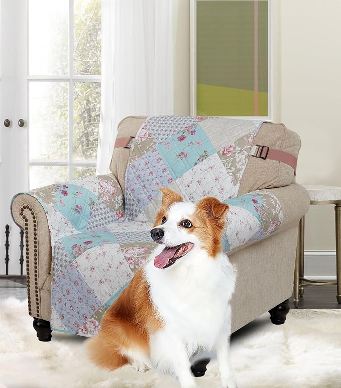 Brilliant Sunshine Blue & Green Roses Couch Armchair Cover, 23" seat | Quilted Sofa Cover, Living Room & Bedroom Furniture Protector, Washable Chair Slipcover for Pets, Dogs & Cats