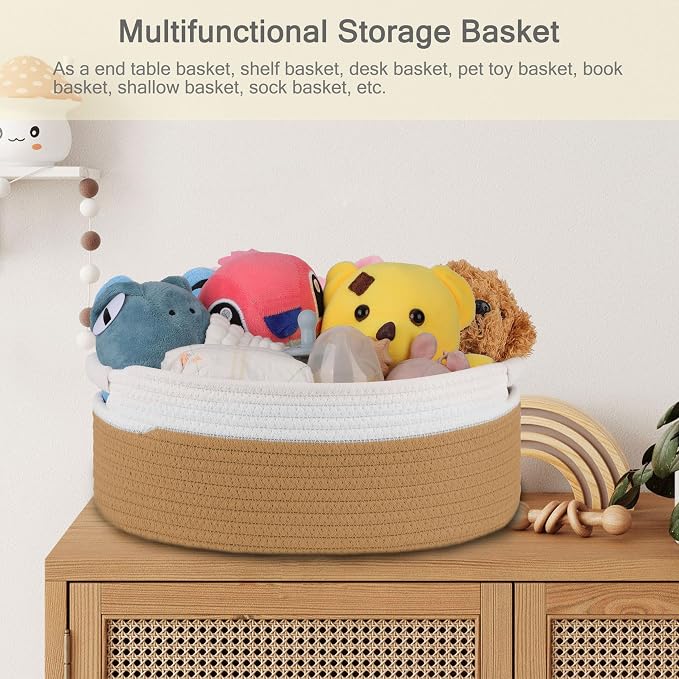 Small Woven Gift Basket with Bag & Ribbons, Camel | Cotton Rope, 13”x 9”x 5.5”, Fits for Kids, Women & Men, Bedroom, Living Room, Nursery & Bathroom Storage, Cat & Dog Toy Boxes