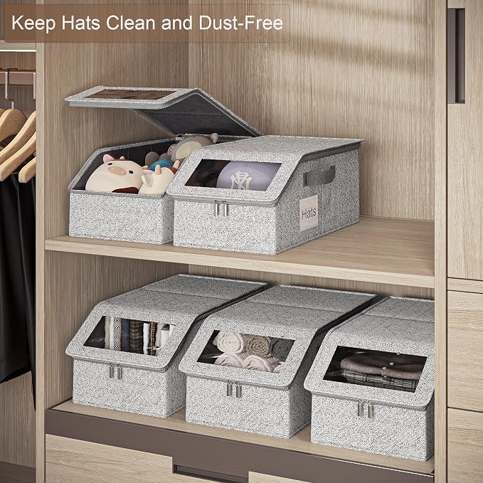 4 PCS Hat Organizer for Baseball Caps, Multi Functional Storage Box (Accommodates 48 Hats) with Visible Window and Zipper - Gray