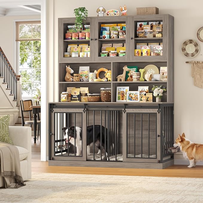 HOSTACK 71" Tall Dog Crate Furniture, Indoor Dog Kennel with Storage, Grey | Removable Room Divider, 4 feeding bowls, Adjustable Shelves, Metal Lock & Spring Latch, Farmhouse Pet House for XL/XXL Dogs