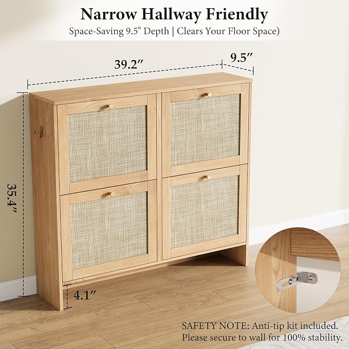 Modern Rattan Shoe Cabinet, 4 Flip Drawers & Adjustable Shelves, Ultra Slim Freestanding (9.5” Deep), Holds 24+ Pairs, Narrow Shoe Storage Cabinet with Anti-Tip Safety,Sun-Drenched Ambe