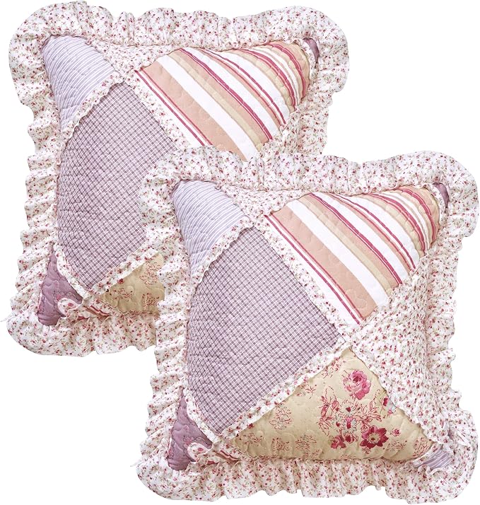 Brilliant Sunshine Pink Rosette & Stripes Ruffle Pillowshams Set, 18"x18" | Patchwork Design with Ruffles, Quilted Pillow Covers, Washable Throw Cushion Cases for Couchs and Beds, Pack of 2