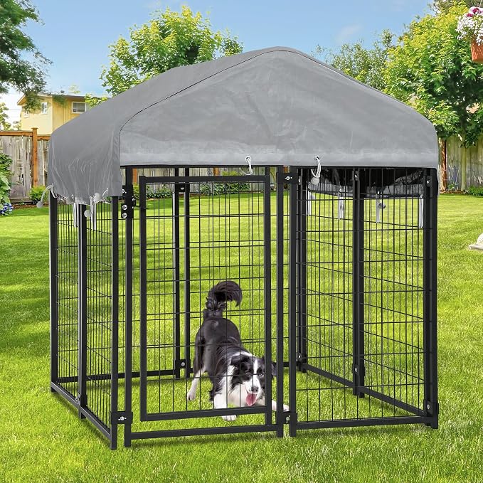 FDW 4 x 4 x 4.3 Ft Dog Kennel Outdoor Welded Wire Heavy Duty Playpen Dog Crate Cage with Waterproof Cover Roof and UV Resistant Pet Kennel Fence with Secure Lock, Black