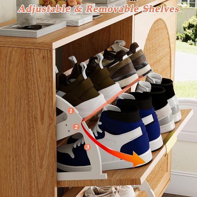 Shoe Storage Cabinet with 4 Flip Drawers, Narrow Wood Shoe Organizer Cabinet with Fluted Panel, Slim Shoe Rack for Entryway, Freestanding Shoe Cabinet for Living Room, Hallway, Wood Color
