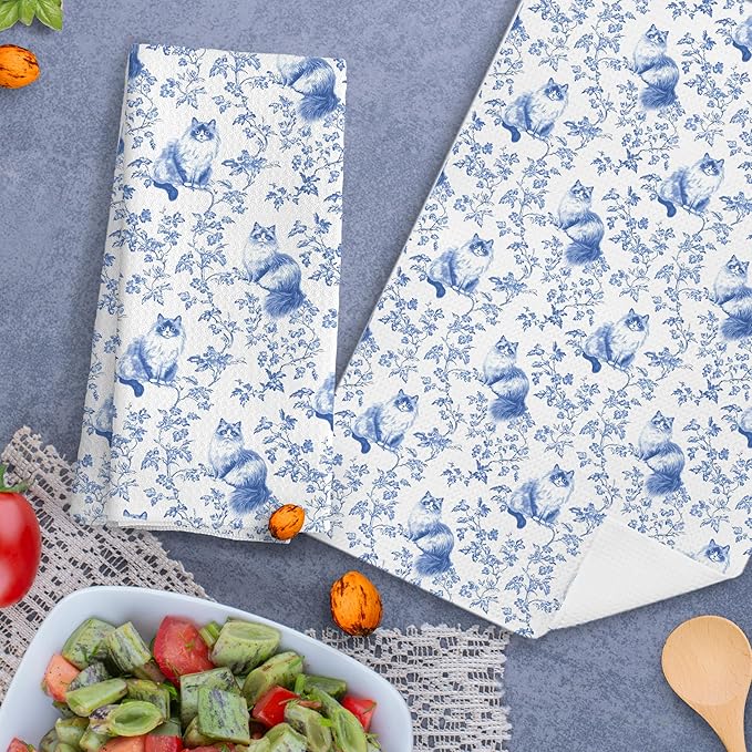 Chinoiserie Floral Ragdoll Kitchen Towels Set of 2,Blue and White Cat Decor Kitchen Dish Tea Towels Bathroom Gifts for cat Lovers Women Men,16x24 Inch