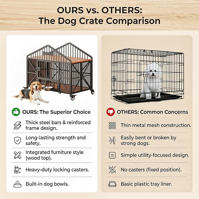 IRONCK 41.5" Foldable Dog Crate Furniture with 5 Wheels & Rotating Bowls | No assembly. 5-wheel base. 2 rotating bowls. For medium Dogs. 41.5"L x 24.8"W x 35.1"H. Rustic Brown finish.