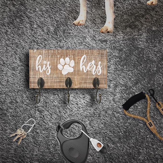 10 o'clock His Her Dog Hanger Unique Key Holder and Leash Hanger with 3 Hooks for Wall | Rustic Decor for Entryway | Cute Housewarming Gift for Dog Lovers 10"x5"