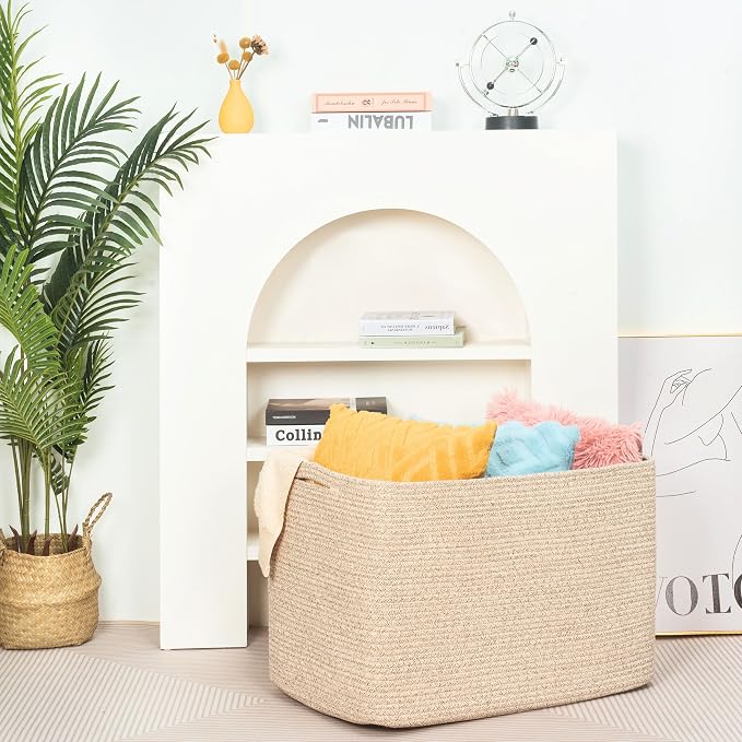 112L Extra Large Blanket Basket Holder Living Room, 25"x17"x16" Rectangle Rope Woven Storage Basket with Handles for Laundry, Towels, Shoes, Dog Toy Organizer Bin Box, Oatmeal Brown