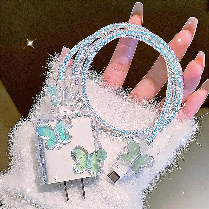 Cute Cable Protector for iPhone Charger Cover,Elegant 3D Butterfly Design for Women Girl,Wire Saver Charger Protector,Wavy Shape Charging Cord Protector for iPhone Adapter 1112 13 14 15 16 17 Pro Max